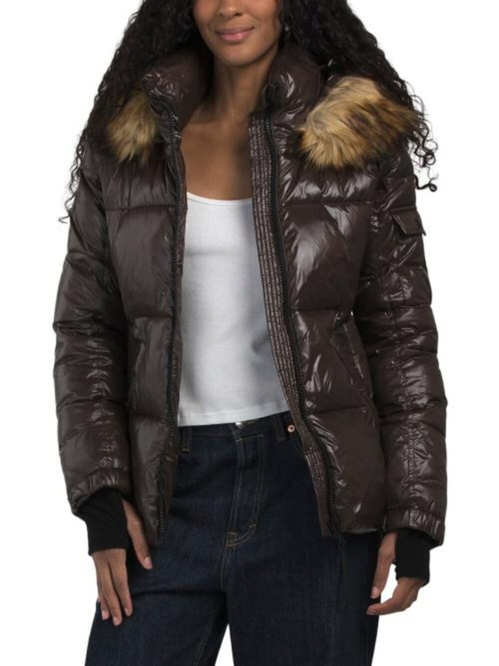 S13 Hooded Puffer Coat With Detachable Faux Fur Trimmed Hood